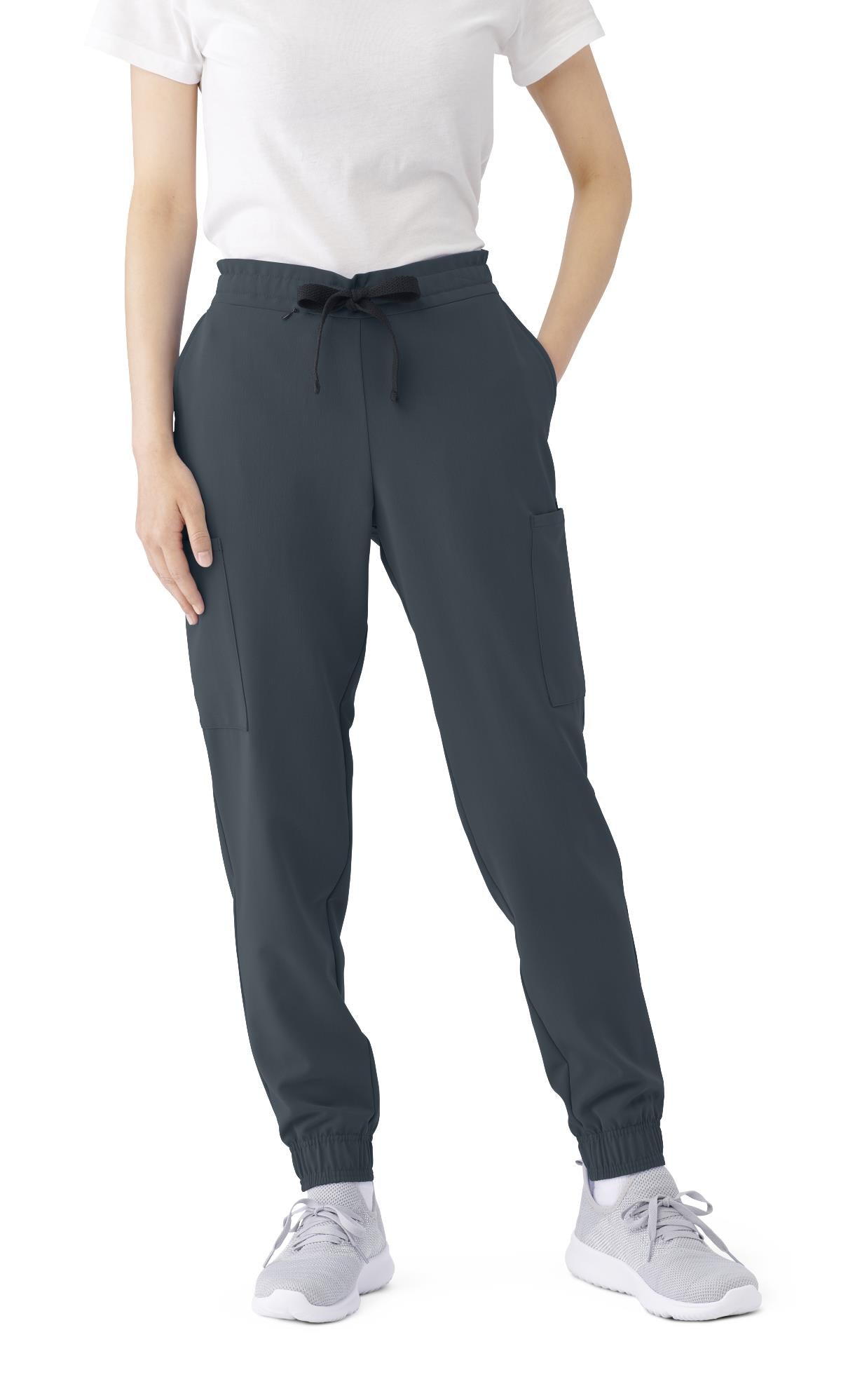 First Ave Women's 7-pocket jogger scrub pant in charcoal, front view.