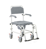 Aluminum commode with wheels, front view, for mobility and personal care