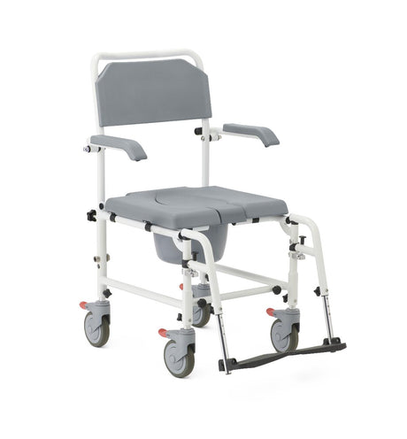 Aluminum commode with wheels, front view, for mobility and personal care