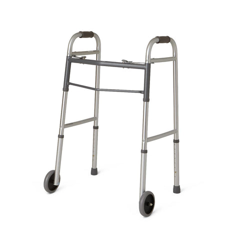 Guardian two-button folding walker with 5-inch wheels, front view.