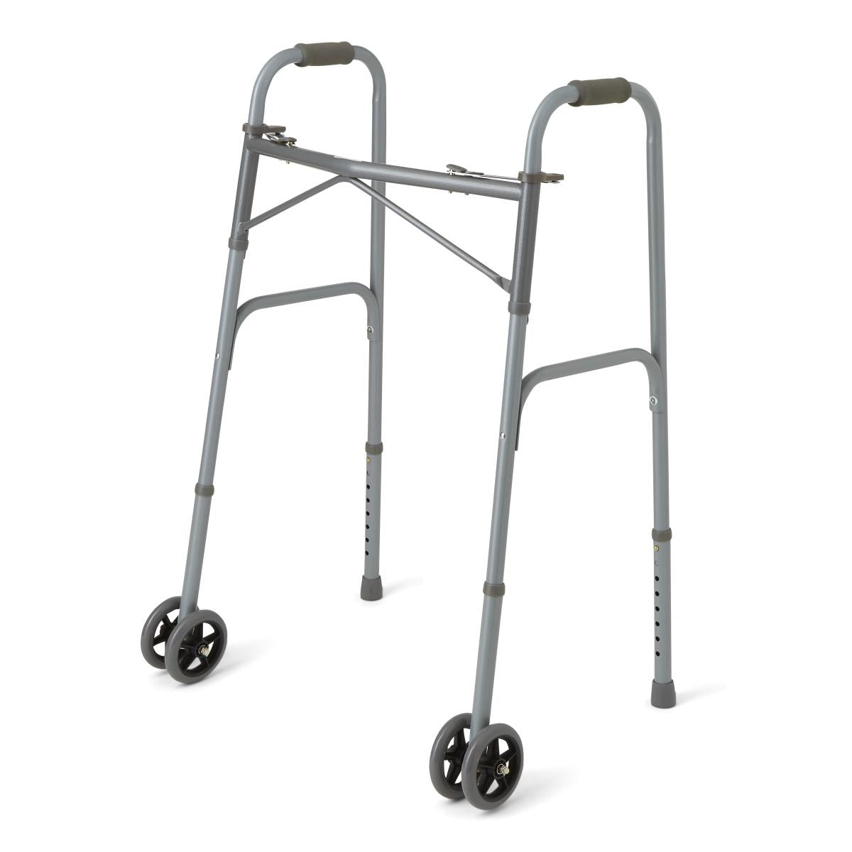 Medline Guardian bariatric folding walker with wheels, front view, in use.