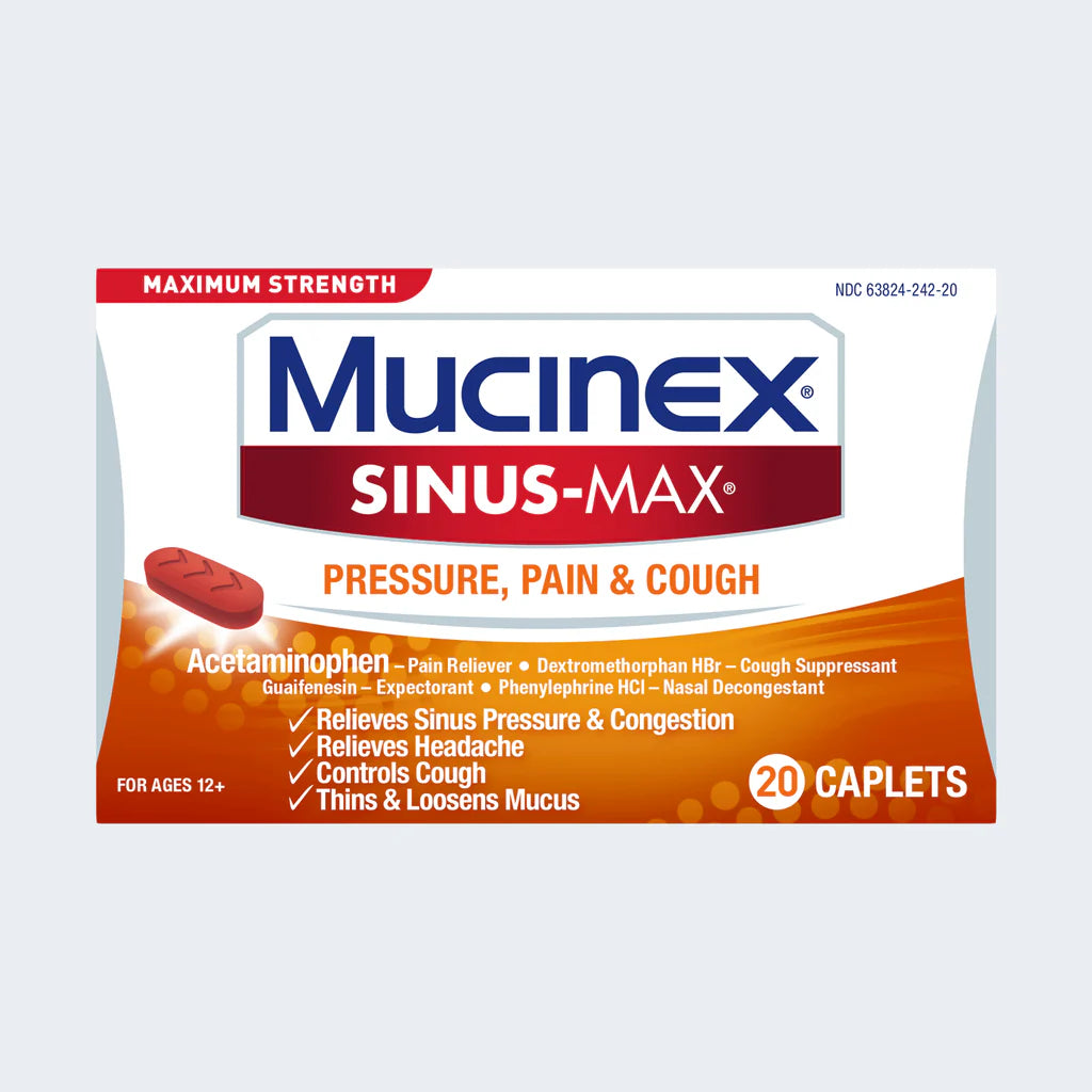 Cold And Cough Relief Mucinex® Maximum Strength Sinus-max® Pressure, Pain And Cough 325 Mg - 10 Mg - 200 Mg - 5 Mg Strength Caplet 20 Per Box - Behope