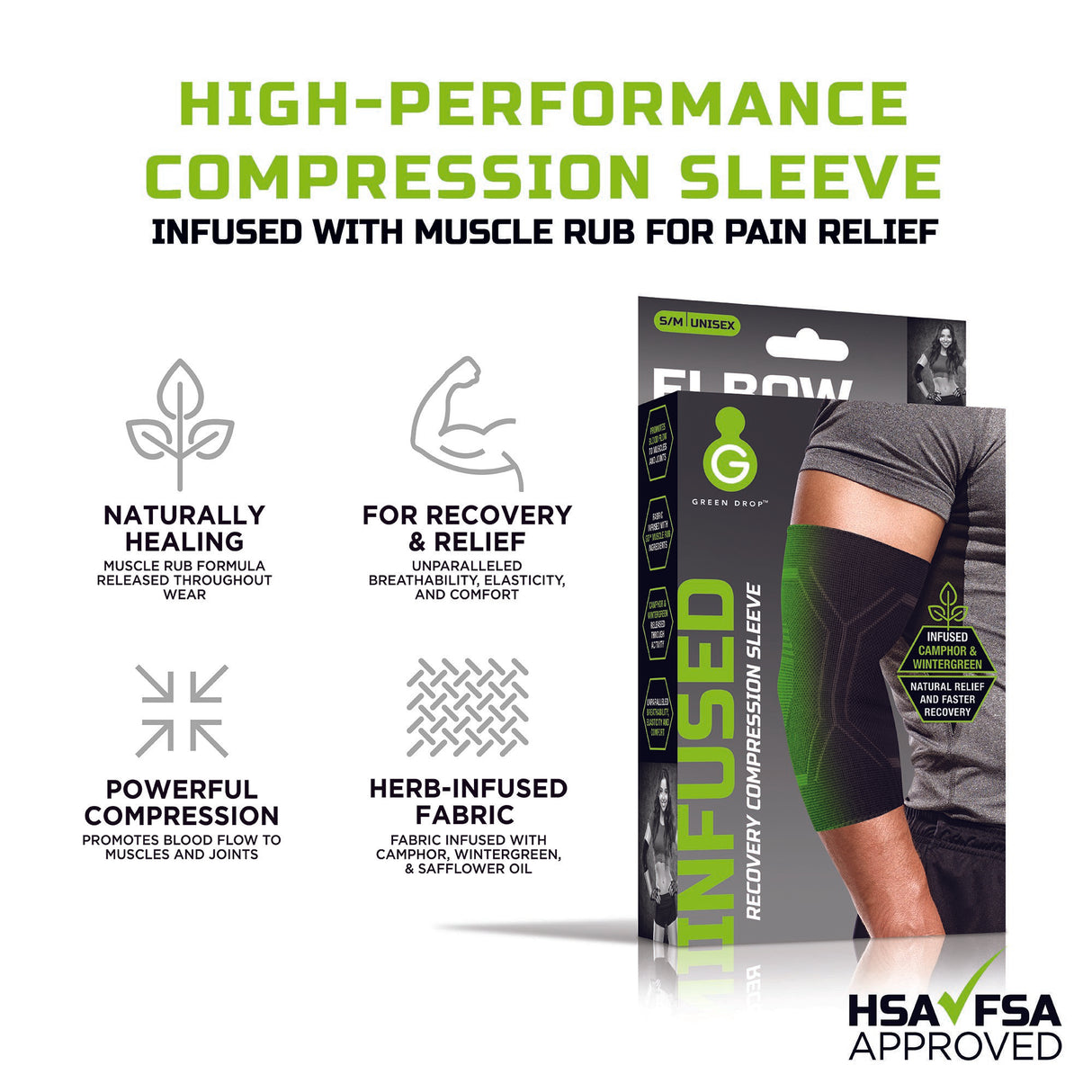 Elbow Support Green Drop Small / Medium Pull-On Sleeve Left or Right Elbow 8 to 12 Inch Elbow Circumference Black