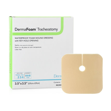 Foam Dressing DermaFoam® Tracheostomy 3-1/2 X 3-1/2 Inch Without Border Waterproof Backing Nonadhesive Fenestrated Square Sterile - BeHope