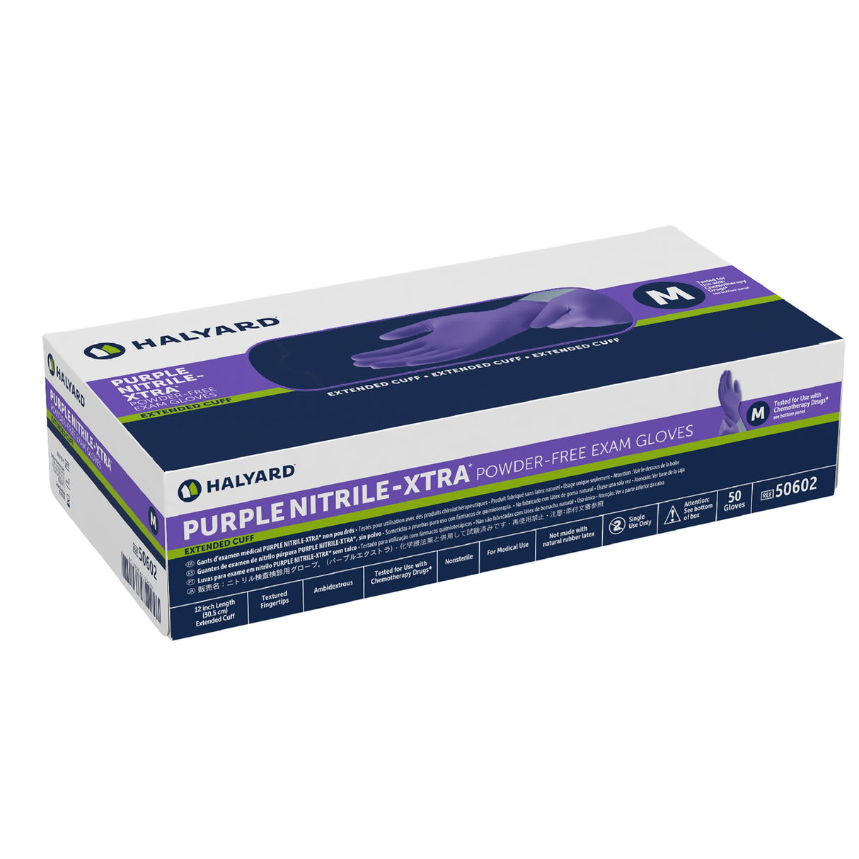 Exam Glove Purple Nitrile-Xtra™ Medium NonSterile Nitrile Extended Cuff Length Textured Fingertips Purple Chemo Tested - BeHope
