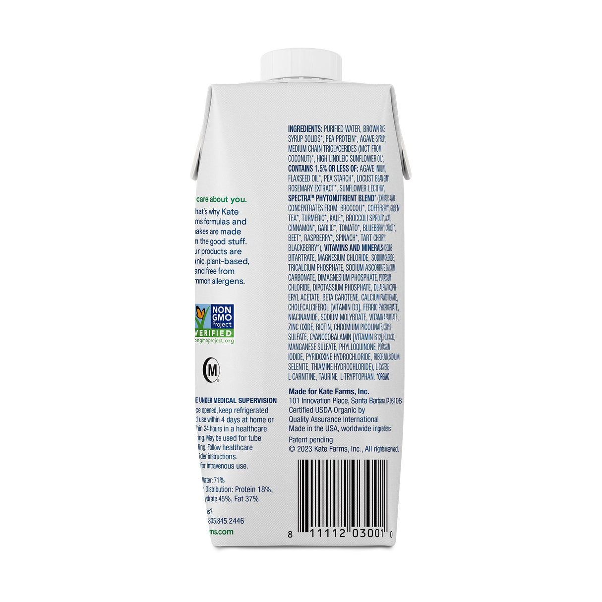 Oral Supplement Kate Farms Standard 1.4 Plain Flavor Liquid 11 oz. Carton - BeHope