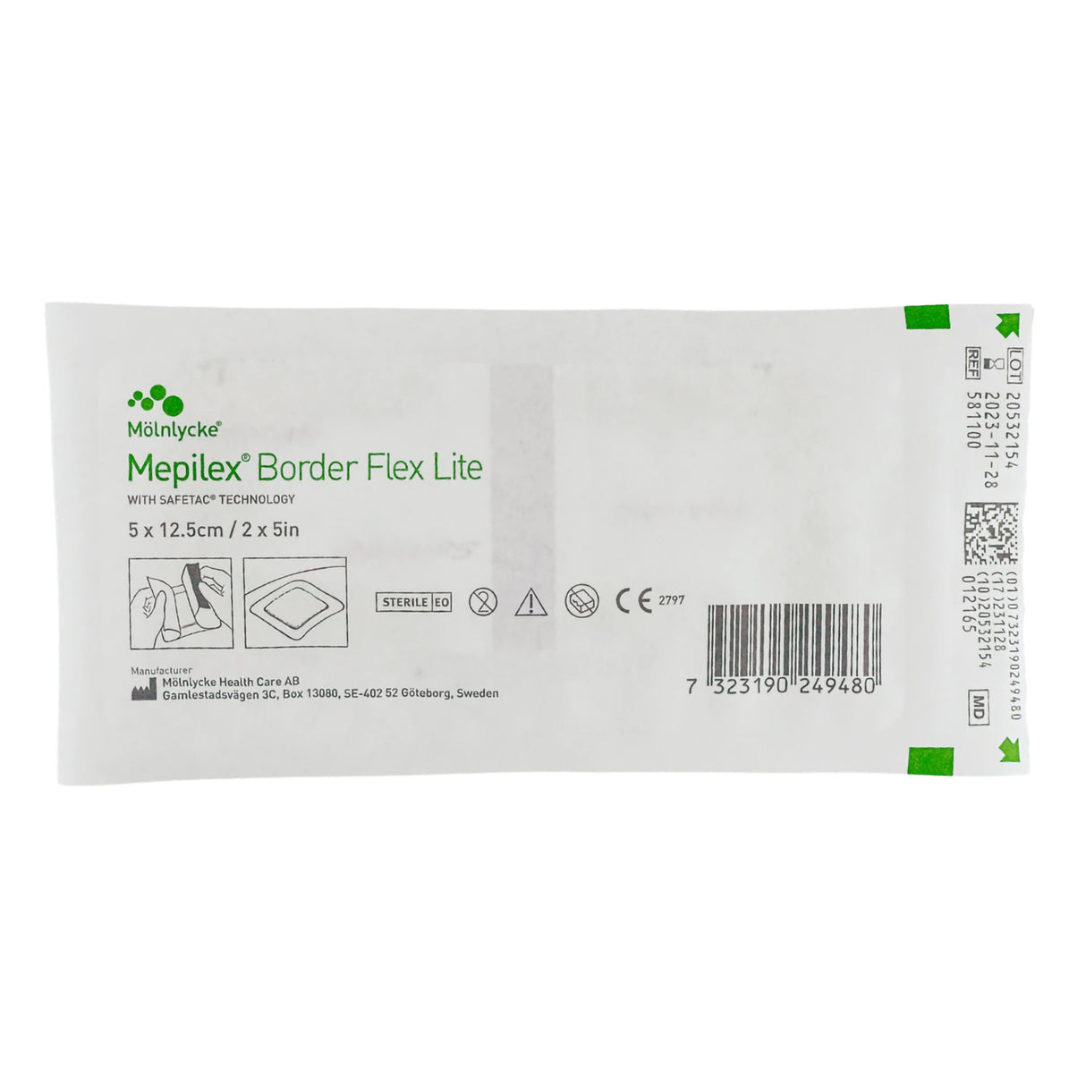 Thin Foam Dressing Mepilex® Border Flex Lite 2 X 5 Inch With Border Film Backing Silicone Adhesive Rectangle Sterile - BeHope