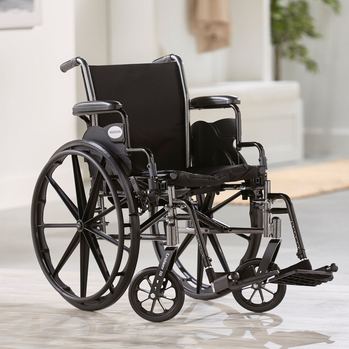 Lightweight Wheelchair McKesson Dual Axle Desk Length Arm Swing-Away Footrest Black Upholstery 16 Inch Seat Width Adult 300 lbs. Weight Capacity - BeHope