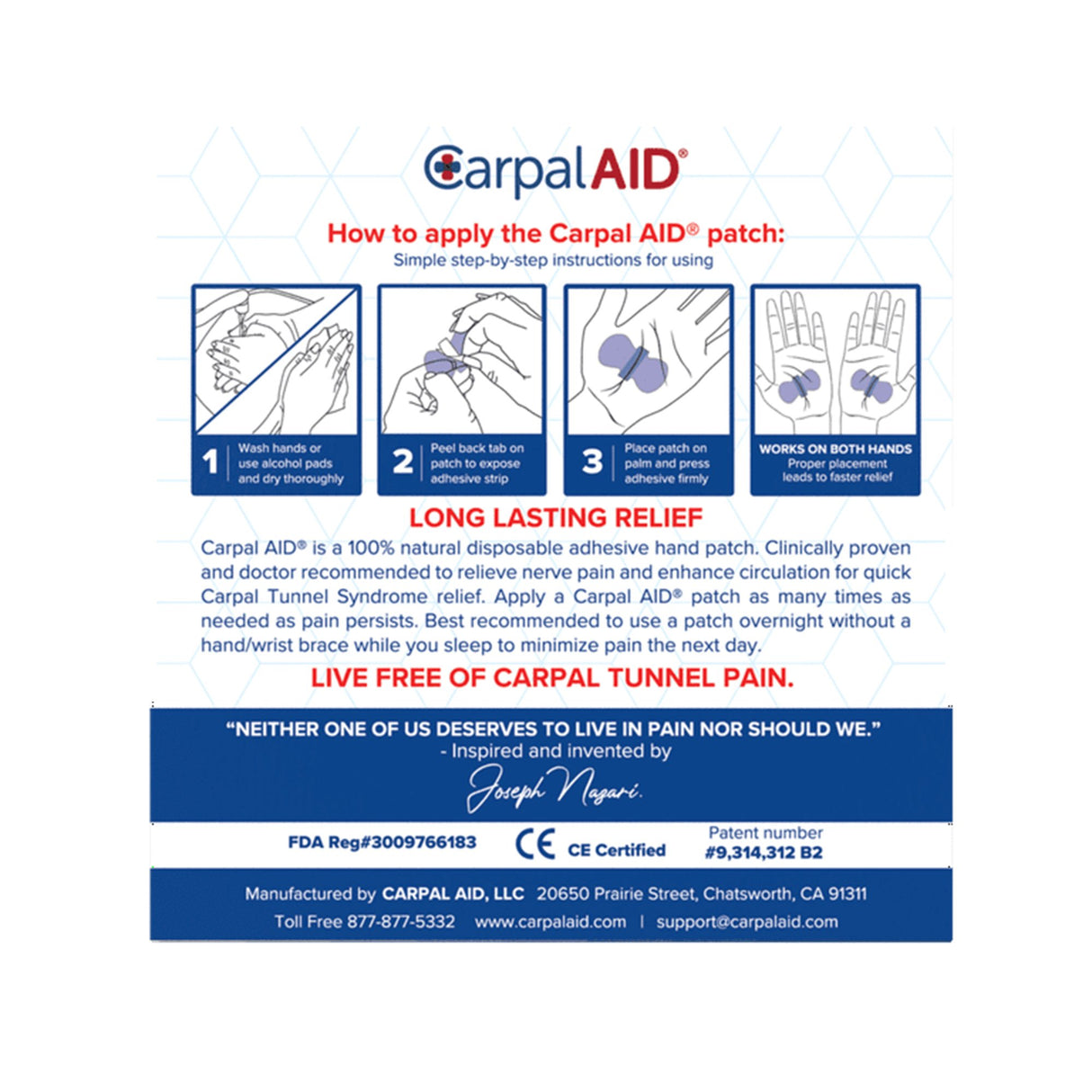 Hand-Based Carpal Tunnel Support Carpal AID® Patch Plastic Left or Right Hand Clear Large - BeHope