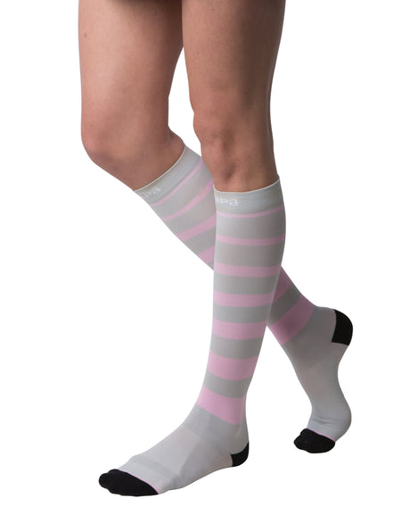 Compression Socks Capa Knee High Medium Pink / Gray Stripe Closed Toe - Behope