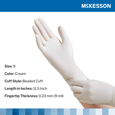 Surgical Glove McKesson Perry® Size 9 Sterile Latex Standard Cuff Length Smooth Cream Chemo Tested - BeHope