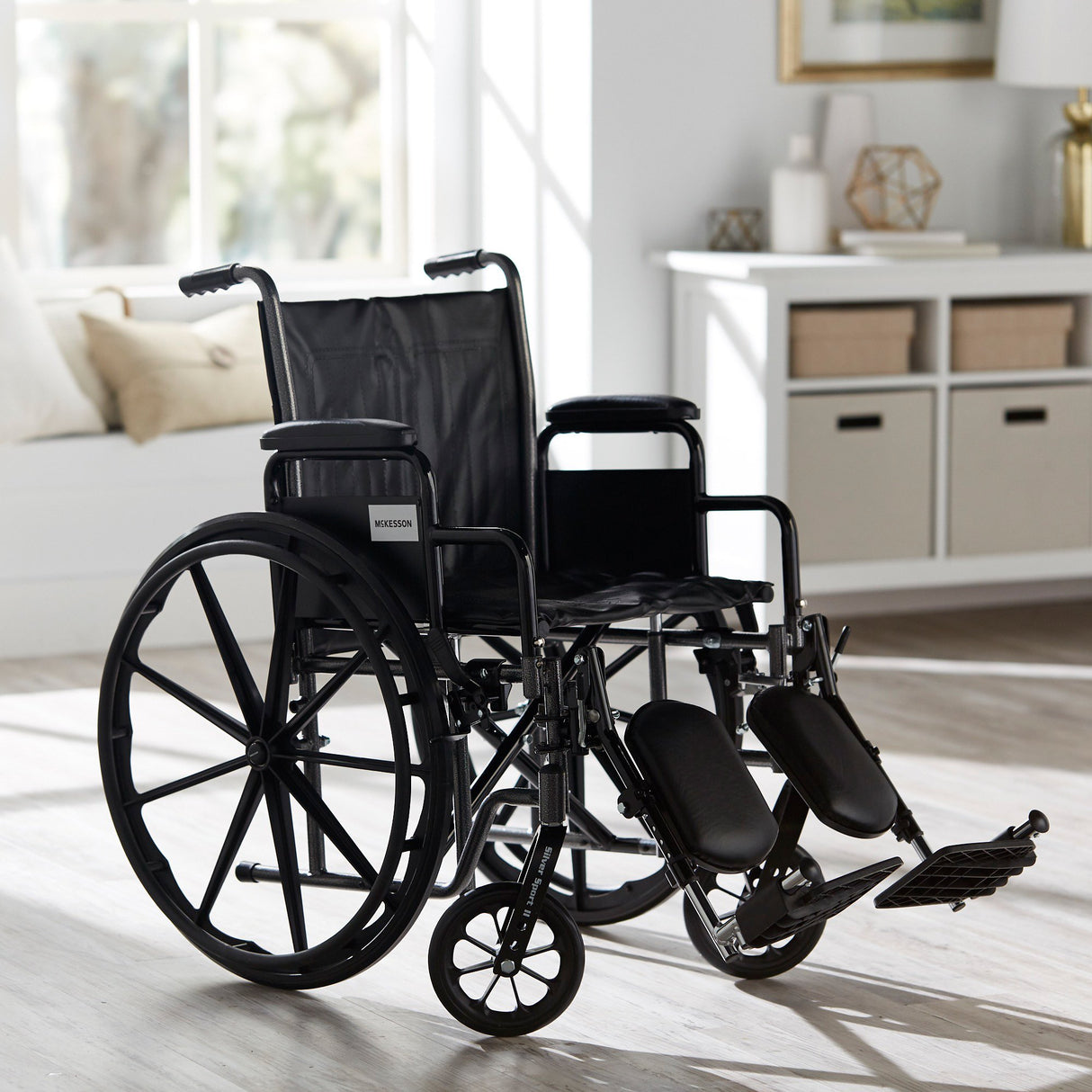 Wheelchair McKesson Dual Axle Desk Length Arm Swing-Away Elevating Legrest Black Upholstery 18 Inch Seat Width Adult 300 lbs. Weight Capacity - BeHope