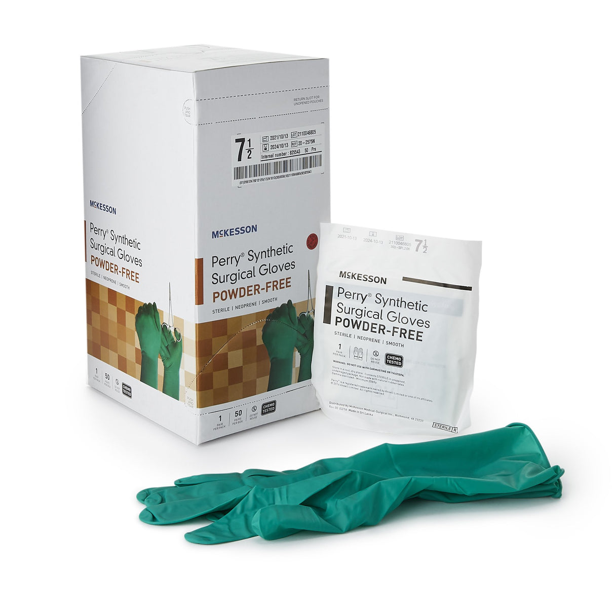 Surgical Glove McKesson Perry® Performance Plus Size 7.5 Sterile Polychloroprene Standard Cuff Length Smooth Dark Green Chemo Tested - BeHope