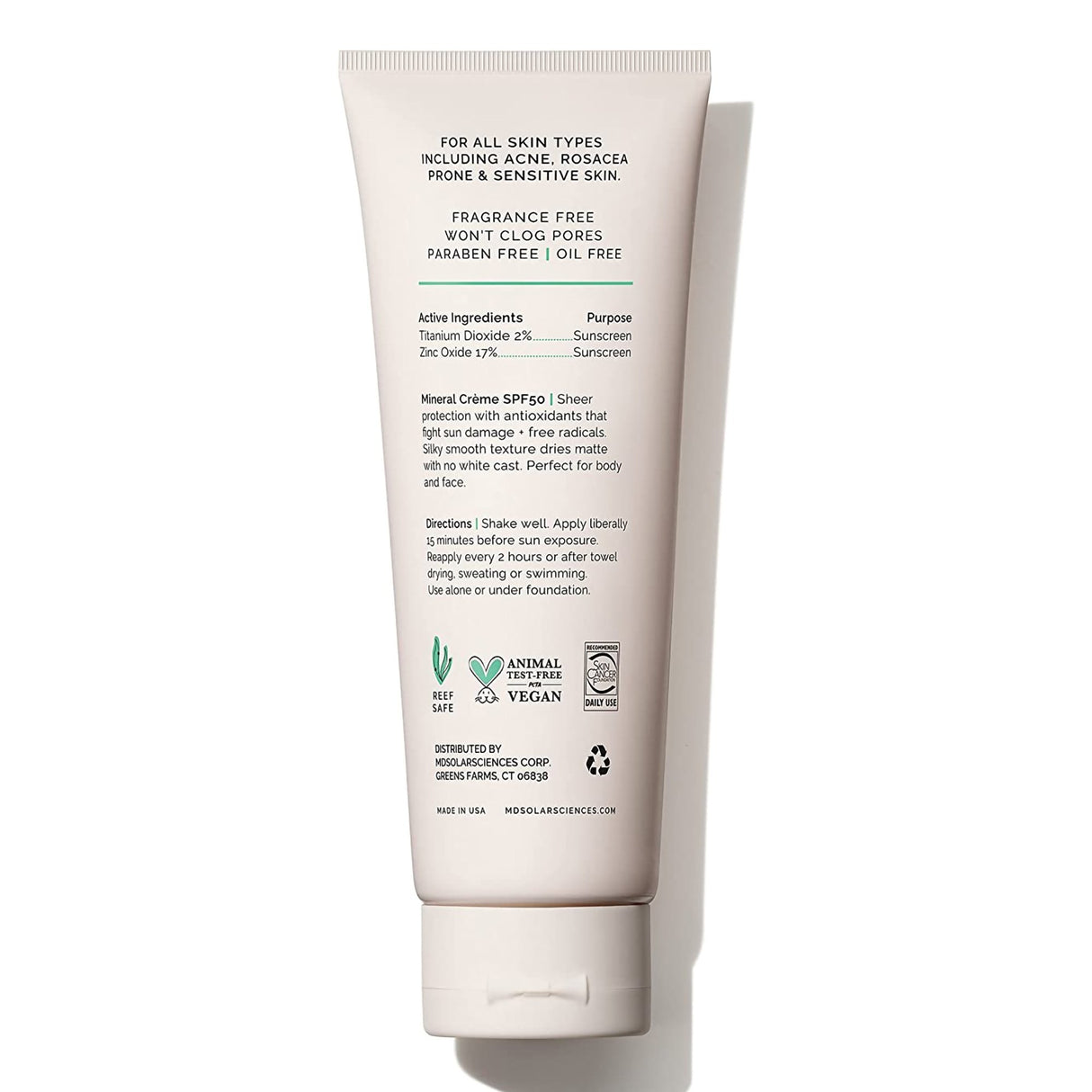 Sunscreen MDSolarsciences Mineral Crme SPF 50 Cream 3.4 oz. Tube