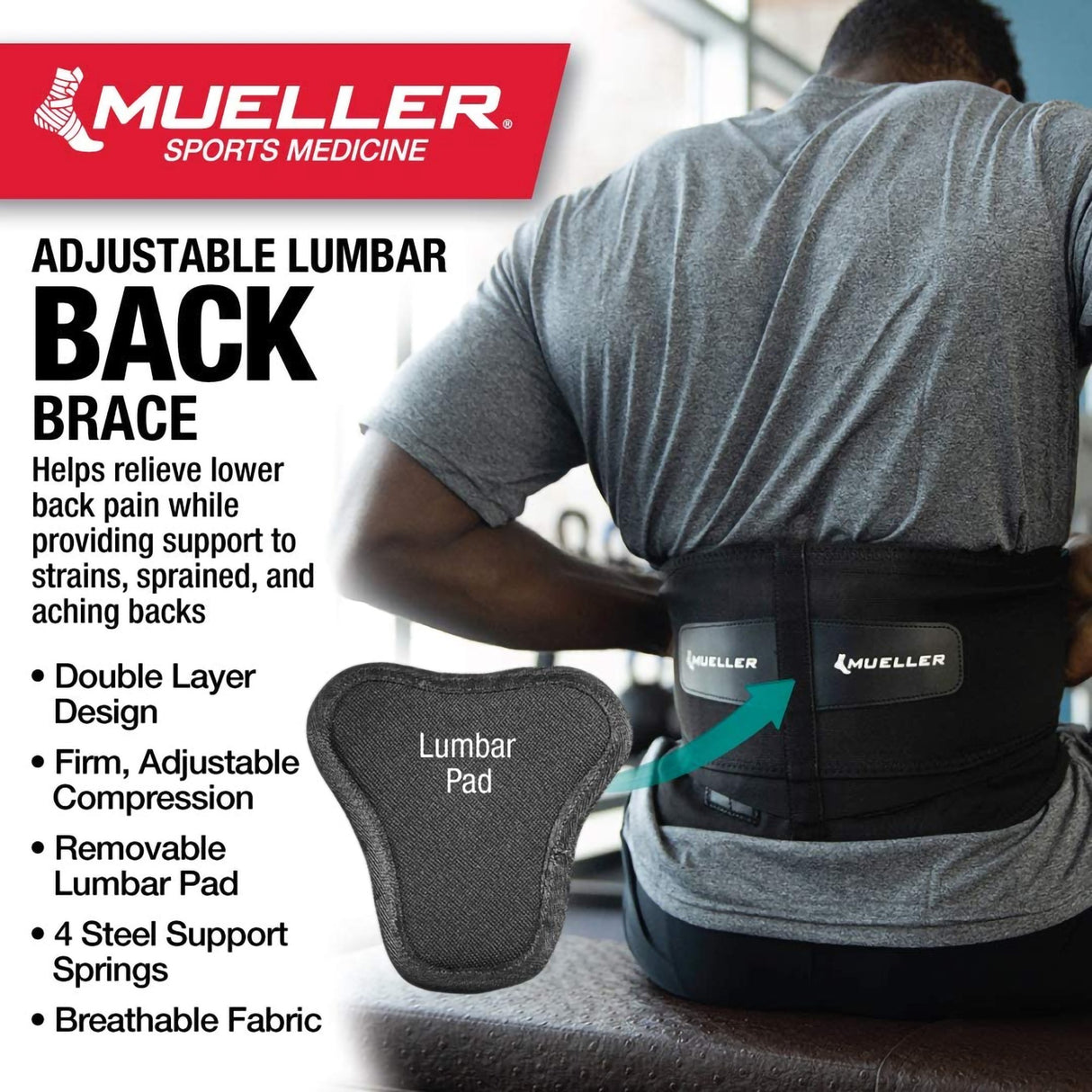 Back Brace Mueller® One Size Fits Most Hook and Loop Closure 28 to 50 Inch Waist Circumference 9 Inch Height Adult - BeHope