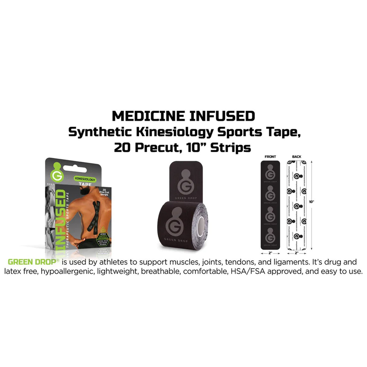 Kinesiology Tape Green Drop™ Black 2 X 10 Inch Nylon / Polyester / Spandex NonSterile - BeHope