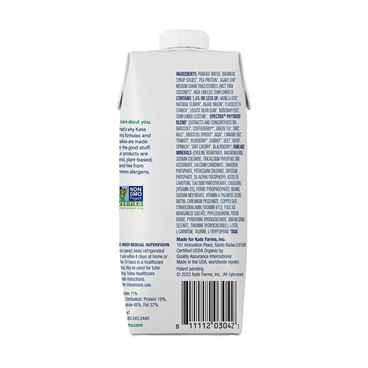 Oral Supplement Kate Farms Standard 1.4 Vanilla Flavor Liquid 11 oz. Carton - BeHope