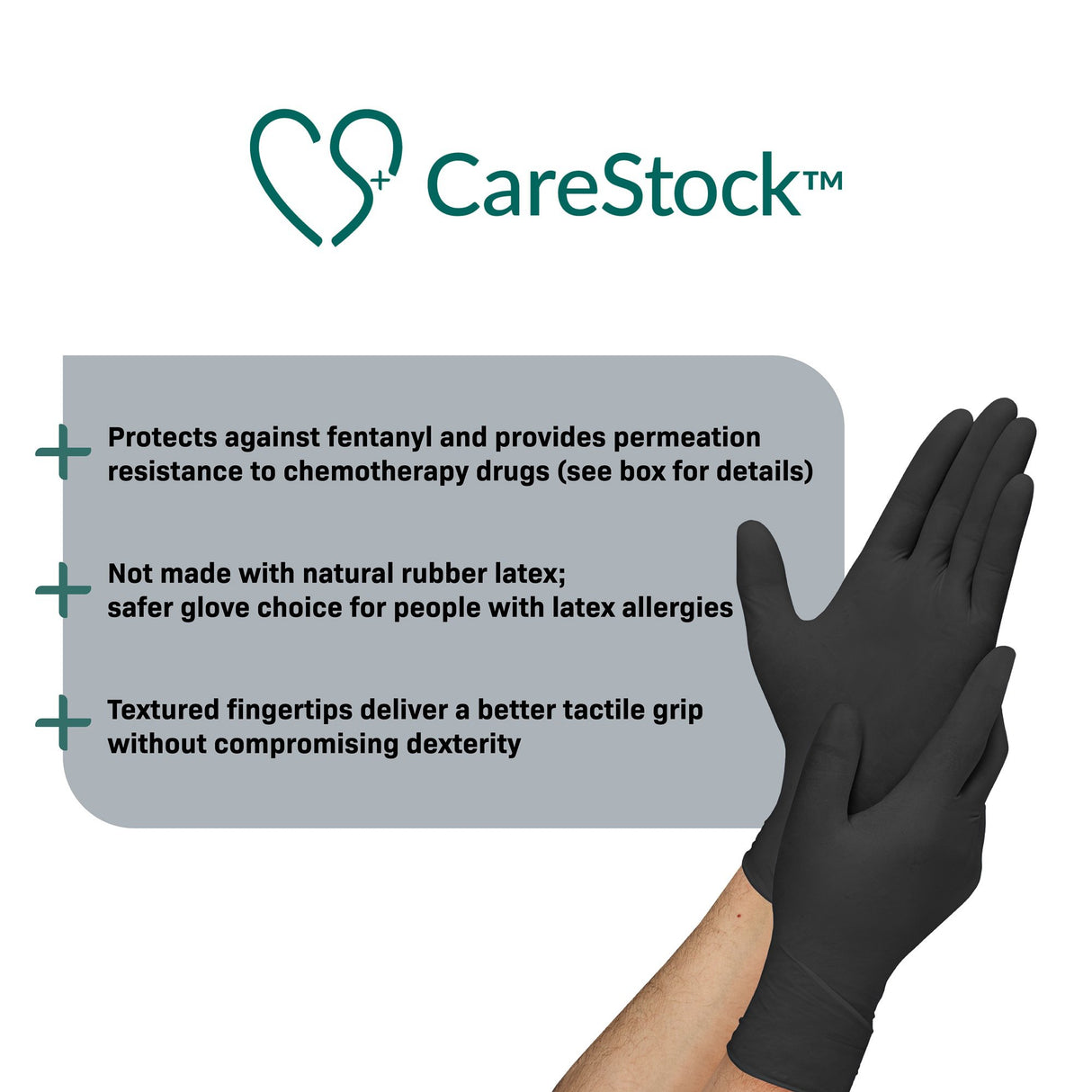 Exam Glove CareStock™ Large NonSterile Nitrile Standard Cuff Length Fully Textured Black Not Rated - BeHope