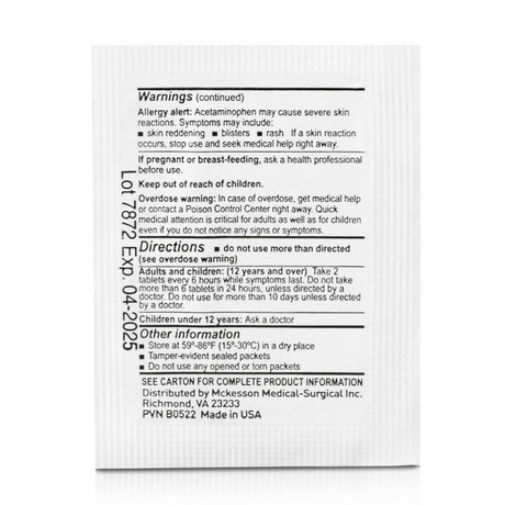 Pain Relief McKesson 500 mg Strength Acetaminophen Unit Dose Tablet 250 per Box - BeHope