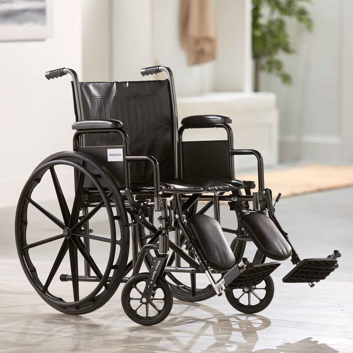 Wheelchair McKesson Dual Axle Desk Length Arm Swing-Away Elevating Legrest Black Upholstery 20 Inch Seat Width Adult 350 lbs. Weight Capacity - BeHope