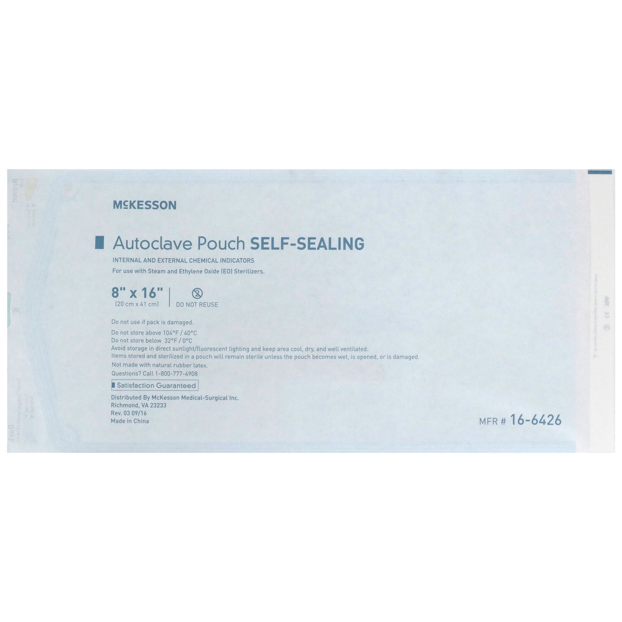 Sterilization Pouch McKesson Ethylene Oxide (EO) Gas / Steam 8 X 16 Inch Transparent Blue / White Self Seal Paper / Film - BeHope
