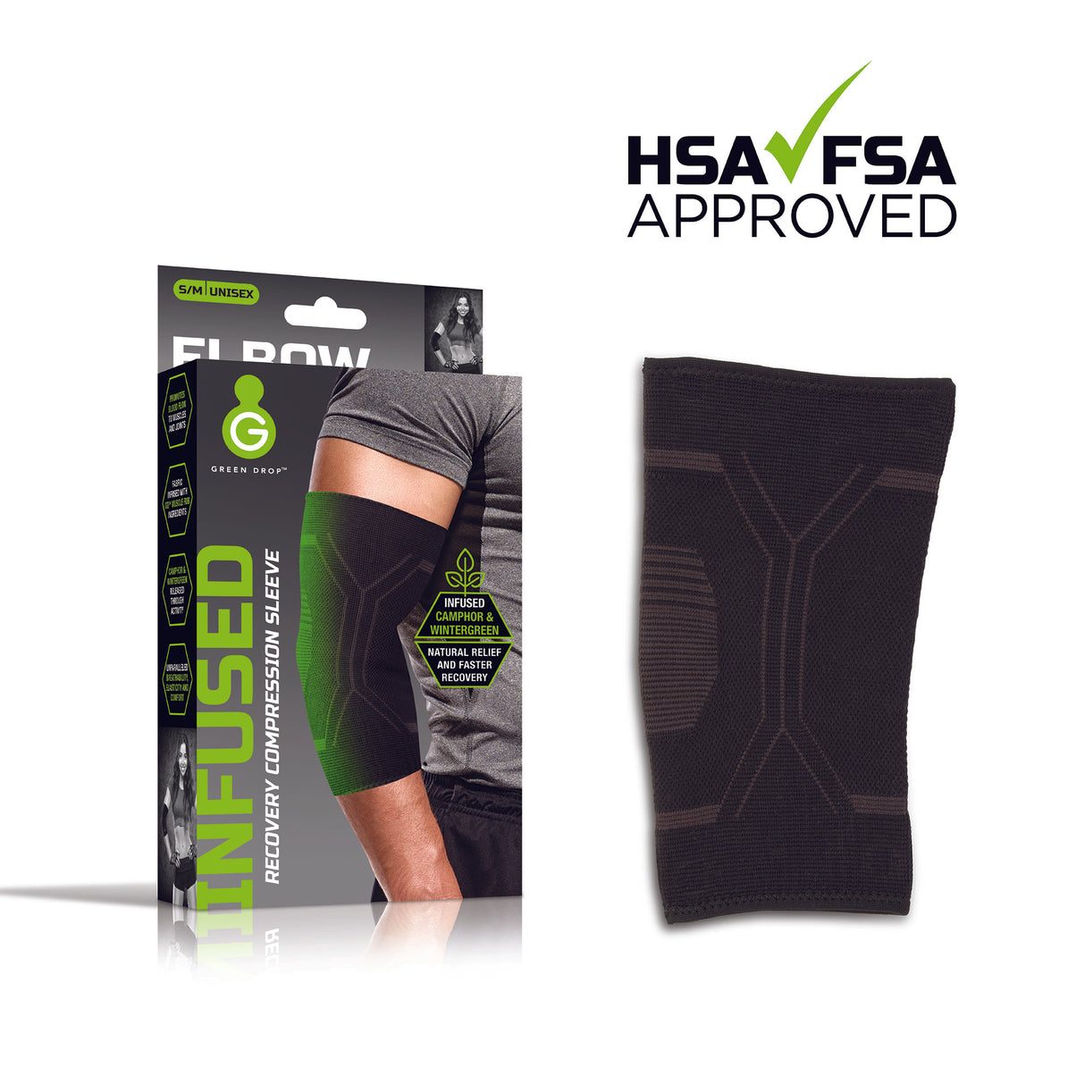 Elbow Support Green Drop Large / X-Large Pull-On Sleeve Left or Right Elbow 12 to 16 Inch Elbow Circumference Black