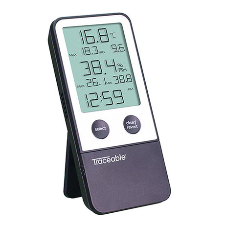 Digital Thermometer / Hygrometer Traceable® Fahrenheit / Celsius 32° to 122°F (0° to 50°C) Internal Sensor Flip-out Stand / Wall Mount Battery Operated - BeHope