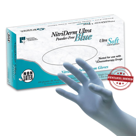 Exam Glove NitriDerm® Ultra Blue Medium NonSterile Nitrile Standard Cuff Length Fully Textured Light Blue Chemo Tested / Fentanyl Tested - BeHope