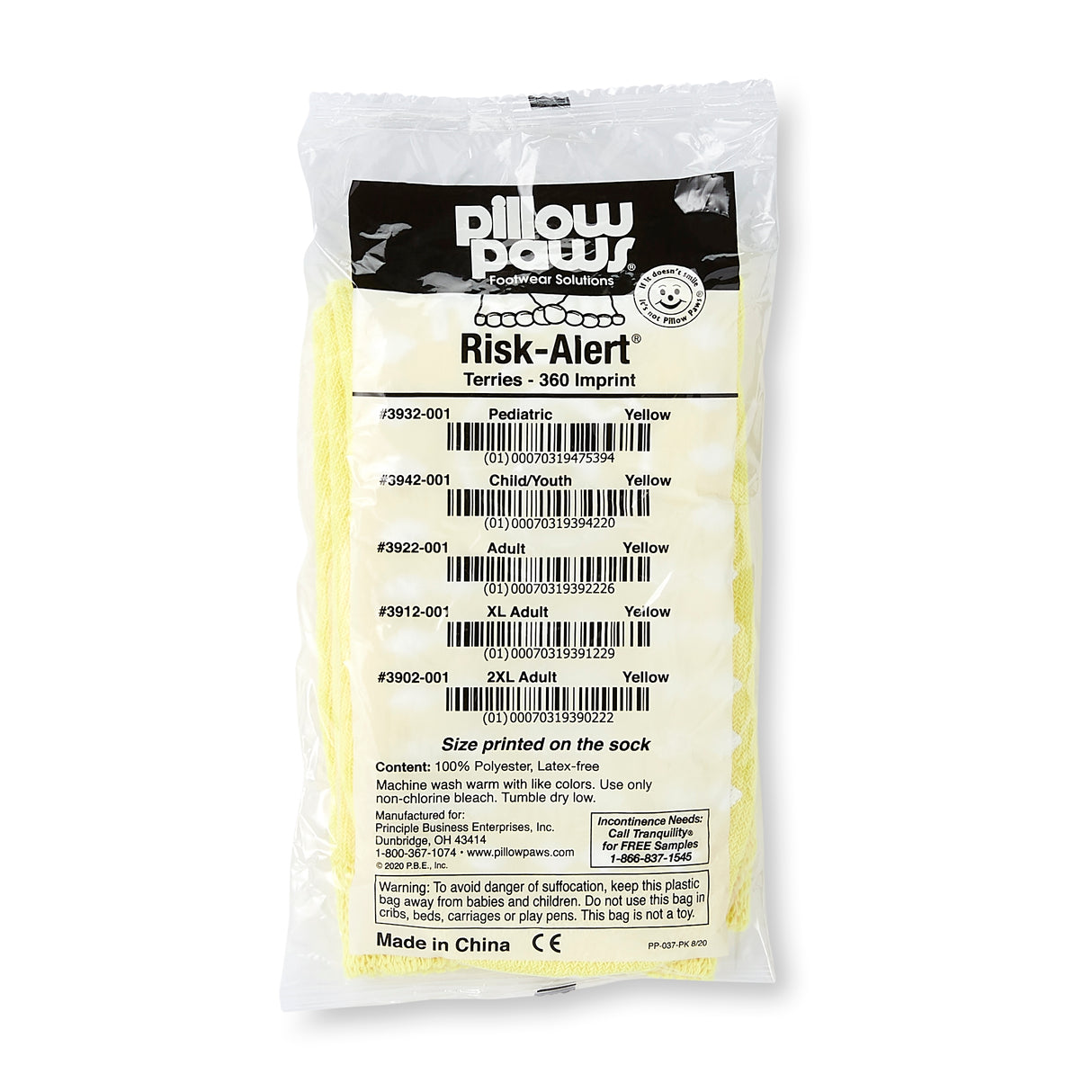 Slipper Socks Pillow Paws® Risk Alert® Terries™ Unisex Adult X-Large All Around Tread Single Patient Use Yellow - BeHope