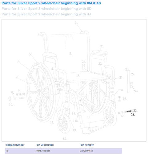 Boulon d'essieu avant uniquement pour fauteuil roulant Silver Sport II