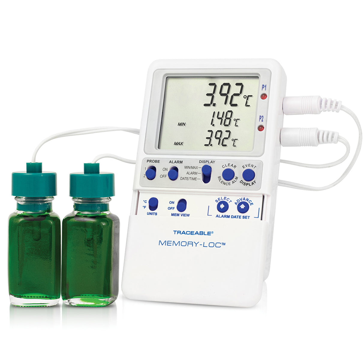 Datalogging Refrigerator / Freezer Thermometer with Alarm Traceable® Memory-Loc™ Fahrenheit / Celsius -58° to +158°F (-50° to +70°C) 2 Glycol Bottle Probes Multiple Mounting Options Battery Operated - BeHope